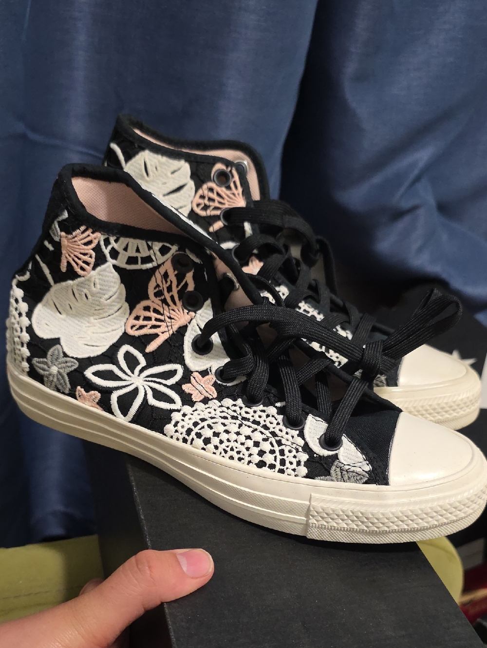 Converse Black High-Top Sneakers with White and Blush Floral Embroidery